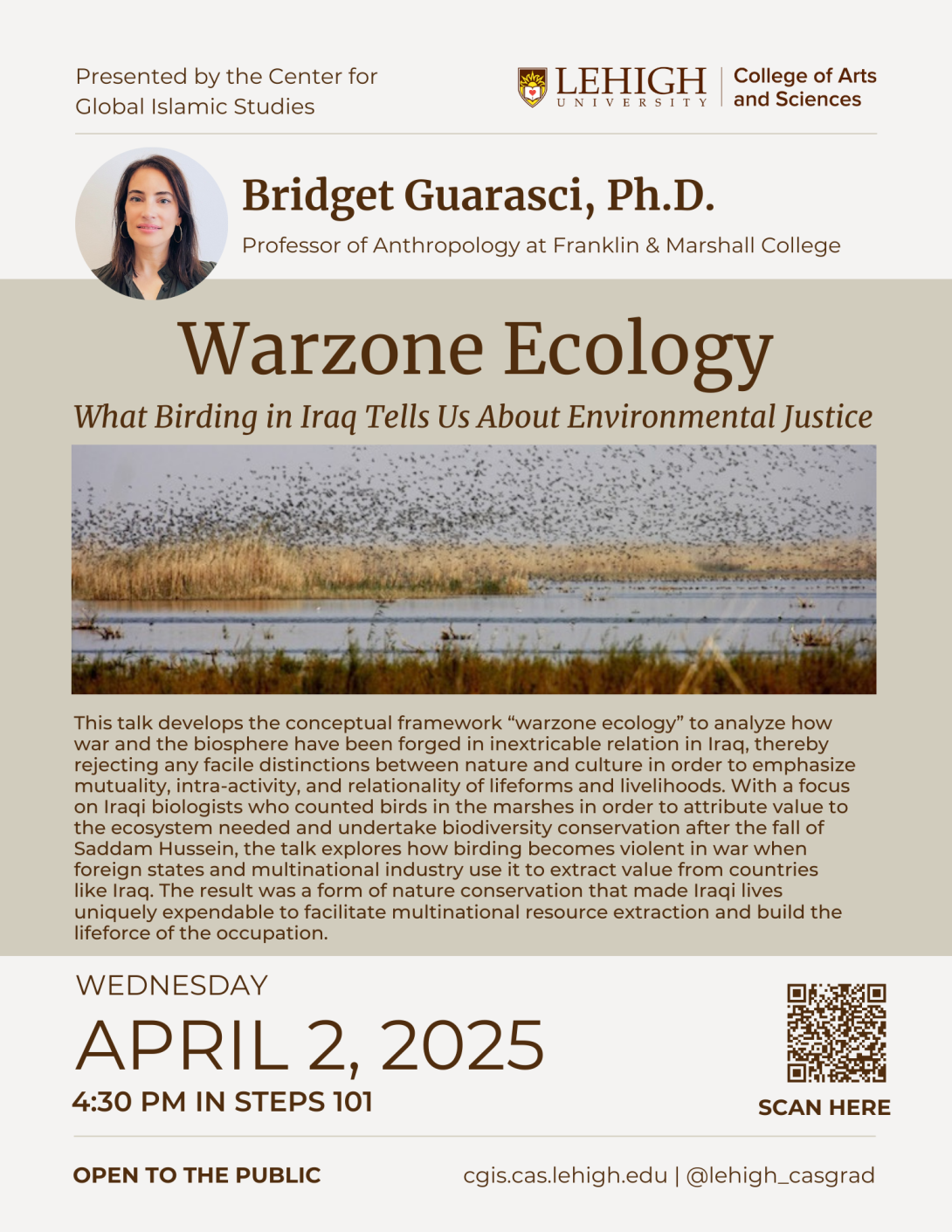 Bridget Guarasci Flyer 2025. All text on the flyer is on this webpage. There is also an image of birds in flight over a marsh.