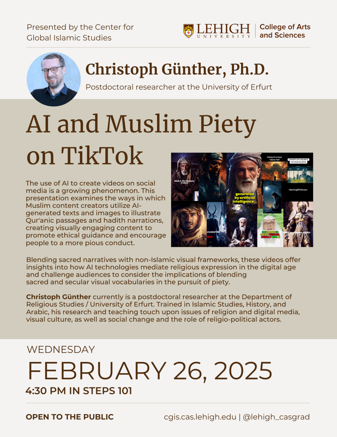 Christoph Günther Public Talk Flyer 2025. All of the text on the flyer appears on the webpage. The flyer also includes a headshot of Gunther and a collage of screenshots of AI generated images on TikTok.