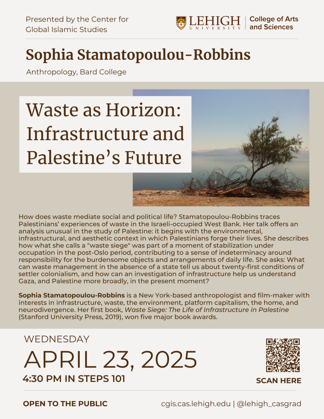 Sophia Stamatopoulou-Robbins Flyer 2025. All text on webpage. Also includes a photograph of a tree wrapped in barded wire.