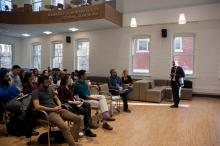 Dr. Mujibur Rehman speaks in front of a crowd of students and faculty of Lehigh University about Global Jihad