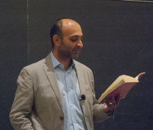 Mohsin Hamid reading a passage from one of his books as he speaks about Globalism - Lehigh University