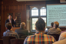 Andrew March lecturing to students in Linderman 200